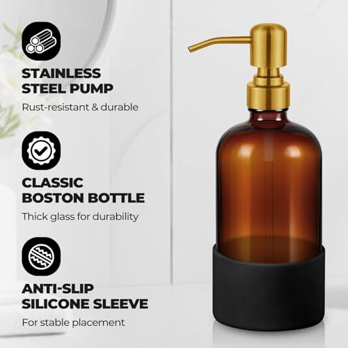 16 oz Amber Glass Soap Dispenser (Amber With Golden Pump)