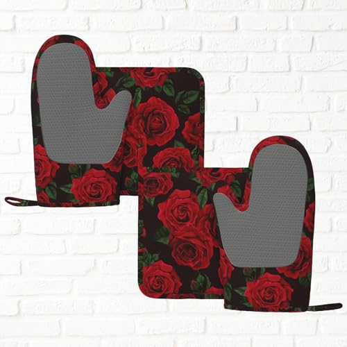 Red Black Rose Flower Oven Mitts and Pot Holders Sets of 4 (Red Black Rose Flower)