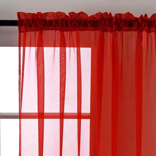 Basic Rod Pocket Sheer Voile Window Curtain Panels Red 1 Pair 2 Panels 52 Width 36 Inch Long for Kitchen Bedroom Children Living Room Yard（Red (Red / 52"W x 36"L (Pack of 2))