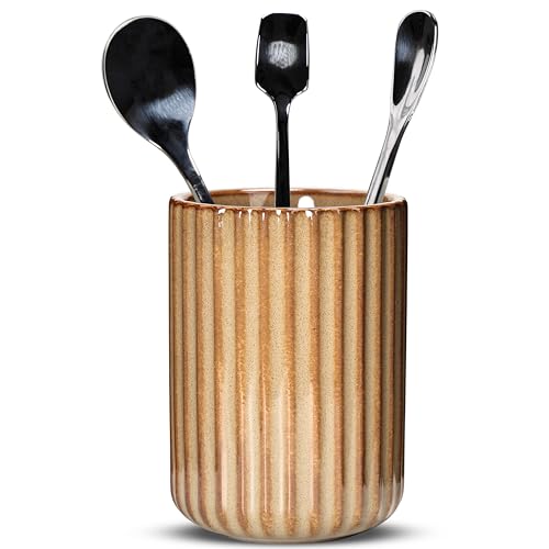 Ceramic Spoon Holder for Coffee Bar (Brown Fluted Surface)