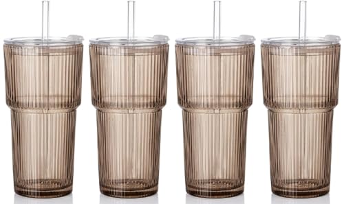 4PCS Gray Glass Cups with Lids and Straws (Gray-4)