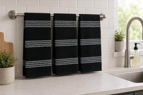 Black Grey Kitchen Hand Dish Towels Waffle Ruffle Textured Set of 3 (Rainah Black)