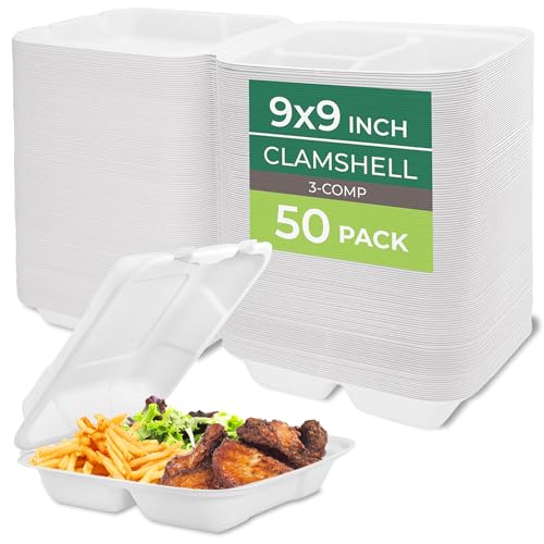 Clamshell Food Containers with Lids [9x9"] 3 (9 x 9 Inch, 50 Pack)