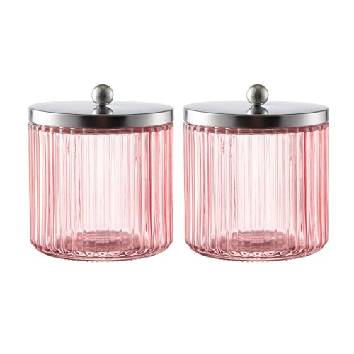 2 Pack Pink Glass Bathroom Canister Set with Silver Metal Lids