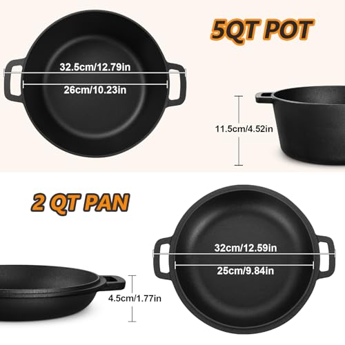 2 In 1 Black Dutch Oven Pot with Lid for Bread Baking (Black)