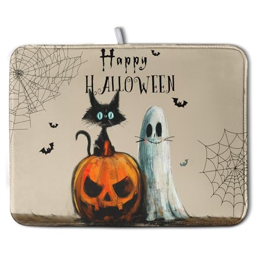 Happy Halloween Dish Drying Mat for Dishs 16x18 Inch Halloween Pumpkin Ghost Black Cat Kitchen Drying Mat Spooky Spiderweb Holiday Dish Drainer Mat Super Absorbent Dish Rack Pad for Coffee Bar Sinks (Happy Halloween / 16" x 18")