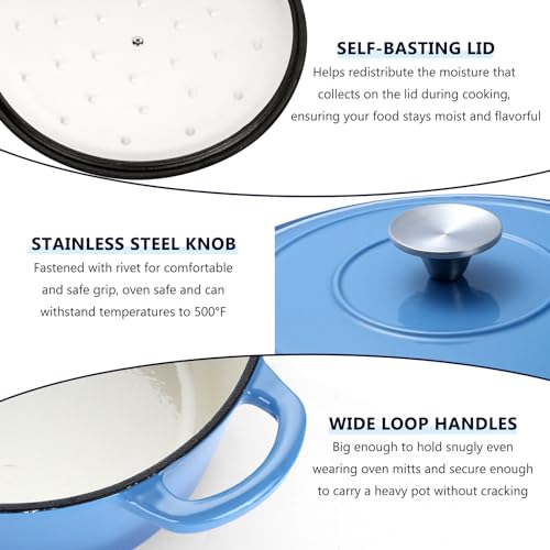 6 Quart Enameled Cast Iron Dutch Oven with Lid (6 QT-Round / Blue)