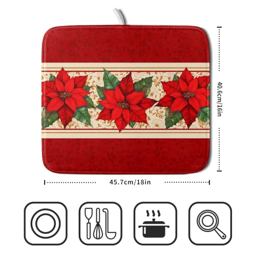 Poinsettia Flowers Dish Drying Mat 16"x18" Christmas Red Decorative Dish Drainer Mats Xmas Winter Floral Print Reversible Microfiber Dish Drying Rack Pad for Kitchen Countertop Sink (18" x 16")