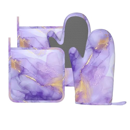Oven Mitts and Pot Holders Pastel Purple Marble Silicone Kitchen Accessories Set of 4 Heat Resistant Long Gloves Potholder Non (A063213)