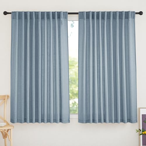 Short Linen Sheer Curtains for Small Kitchen Cafe Bathroom Window (Dusty Blue / 52"W x 45"L (Pack of 2))