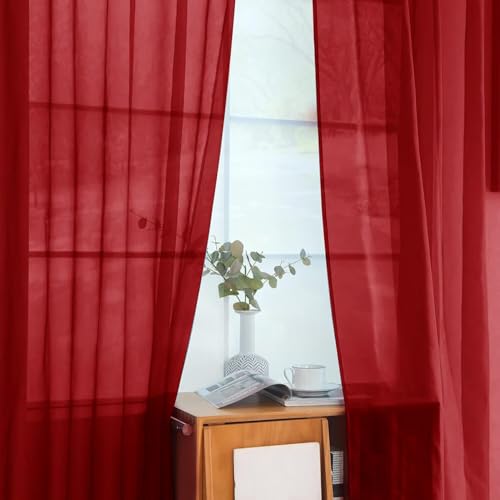 Solid Sheer Rod Pocket Curtain Voile Draperies 2 Panels White Beige Black Grey Ivory 52 Inch Width 45 Inch Long 1 Pair for Kitchen Bedroom Children Living Room Yard (Christmas Red / 52"W x 45"L (Pack of 2))