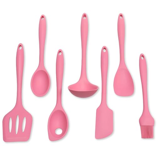 Premium Silicone Kitchen Tools and Utensils Set (7 Piece Set / Pink)