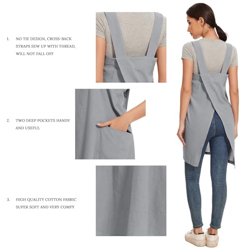 Women Apron with 2 Pockets Cotton Linen Kitchen Baking Cooking Chef Cross Back Pinafore Dress for Work Restaurant Gardening (Small / Light Grey)