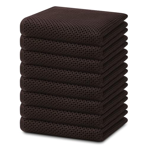 100% Cotton Waffle Weave Kitchen Dish Towels 8 (Dark Brown / 13 X 28 - 8 Pack)