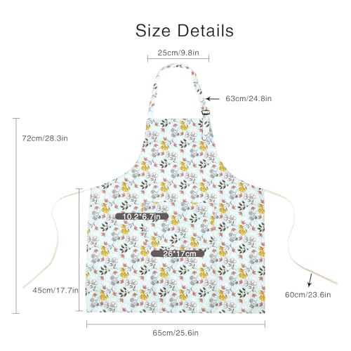 Floral Apron for Women with Pockets Cotton Canvas Waterproof Apron Cooking Baking Painting Gift (Grey)