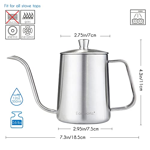 Gage Gooseneck Pour Over Coffee Kettle 12 oz Stainless Steel Hand Drip Long Narrow Spout (Silver)