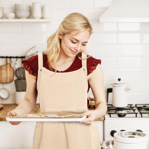 Vintage Apron for Women with Pockets Adjustable Straps for Kitchen (Beige+white)