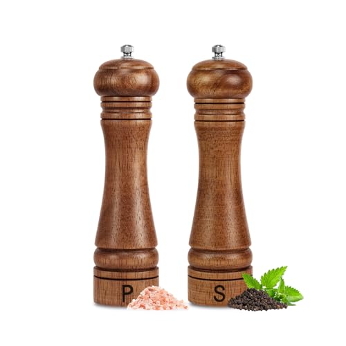 Wooden Salt and Pepper Grinder Set Refillable Salt & Pepper Mills (Brown Oak Wood)