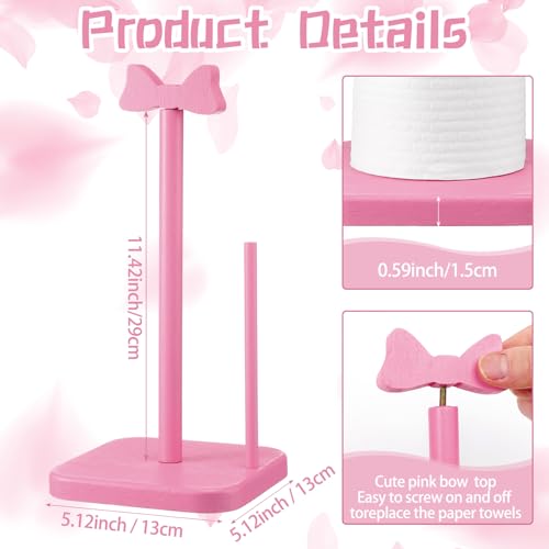 Pink Bow Paper Towel Holder Coquettish Cute Bow Wooden Paper Towel Holder Pink Bathroom Countertop Accessories Kitchen Roll Stand Organizer Standing Apartment Decor Housewarming Gift (Bow)