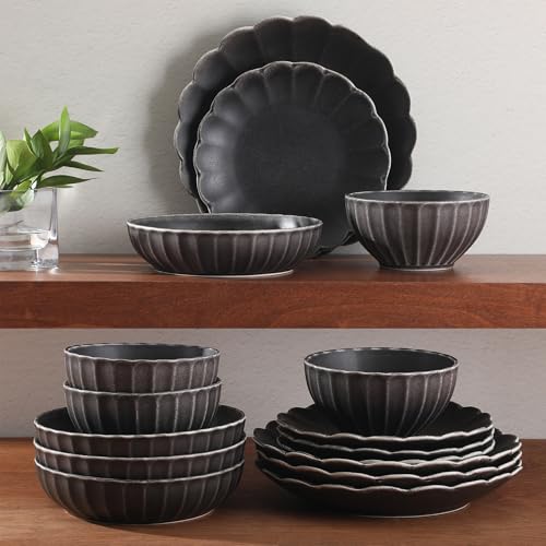 Malibu Shore 16 Piece Scallop Stoneware Reactive Glaze (Black (Malibu Shore) / Service for 4 (16pcs))