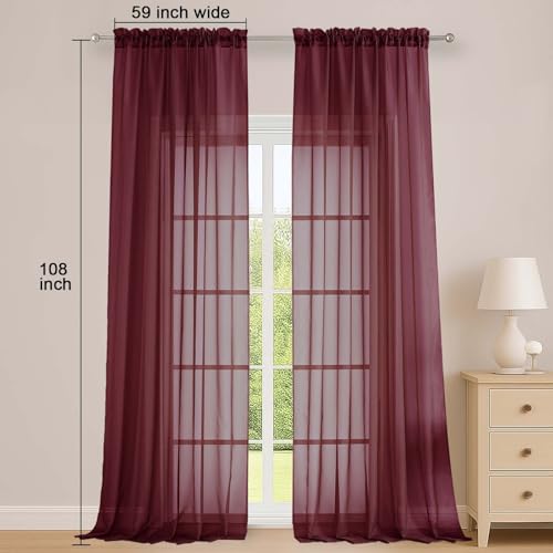 Burgundy Sheer Curtains 108 Inches 2 Panels for Living Room 59" Wide (Burgundy Wine / 59"W x 108"L (Pack of 2))
