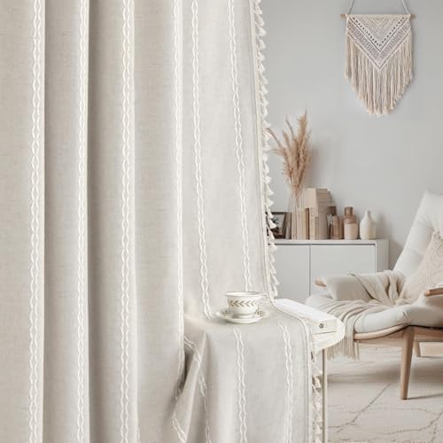80% Boho Blackout Curtains 90 Inch Linen Blend Drapes 2 Panels (Greige / 52"W x 90"L (Pack of 2))