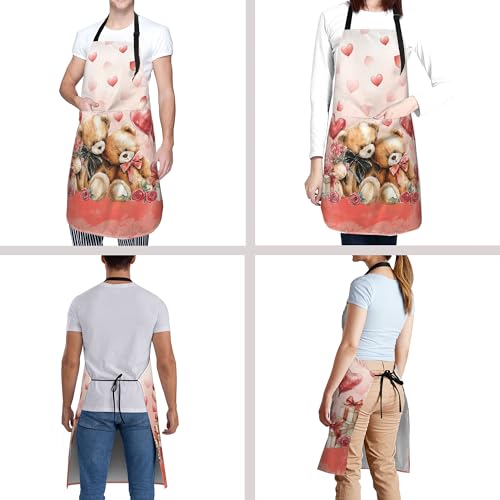 Valentine Day Apron with Pockets Cute Bears Adjustable Bib Aprons for Women Men Holiday (33" x 28"(Pack of 1) / Red Love Bears)
