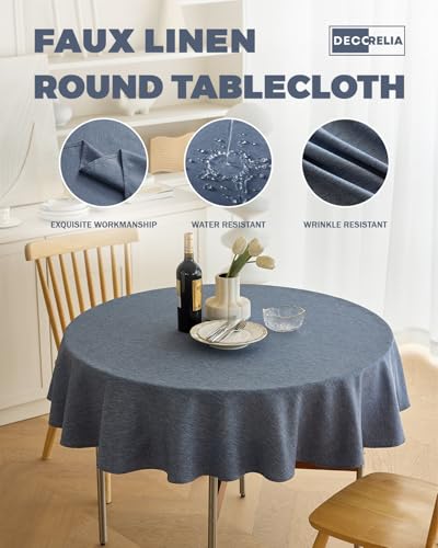 Waterproof Faux Linen Rustic Farmhouse Table Cloth for Round Table (Denim Blue / 60" (Round))