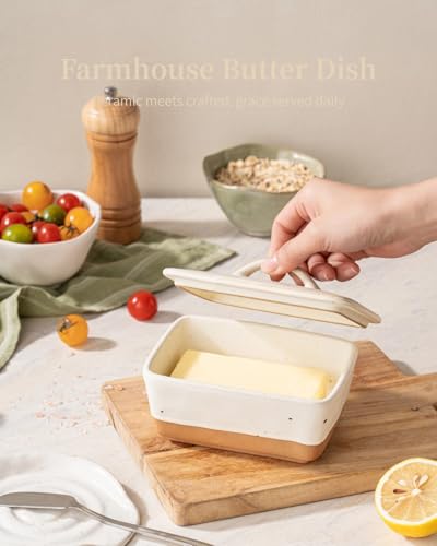 Ceramic Butter Dish with Lid for Countertop (White)