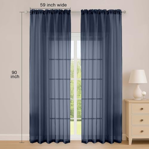 Navy Blue Sheer Curtain 90 Inches Long 2 Panels Set (Navy Blue / 59"W x 90"L (Pack of 2))