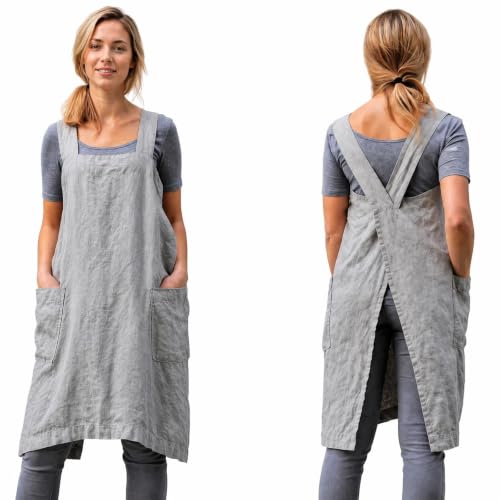 Cross Back Linen Cotton Apron with Pockets (X-Large / Grey)