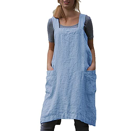Apron for Womens Cotton Linen Apron Cross Back with Pockets Pinafore Dress for Cooking (Baby Blue / XX-Large)