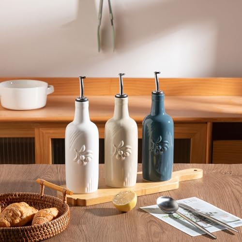 Sweejar Ceramic Olive Oil Dispenser Bottle (Beige / 17 Oz(Embossed))