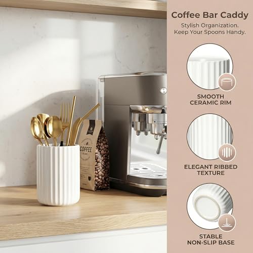 Ceramic Spoon Holder for Coffee Bar (Brown Fluted Surface)