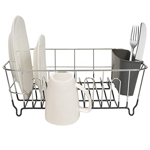 2 Piece Dish Drying Rack Set Drainer with Utensil Holder Simple Easy to Use Fits in Most Sinks (Dark Gray)