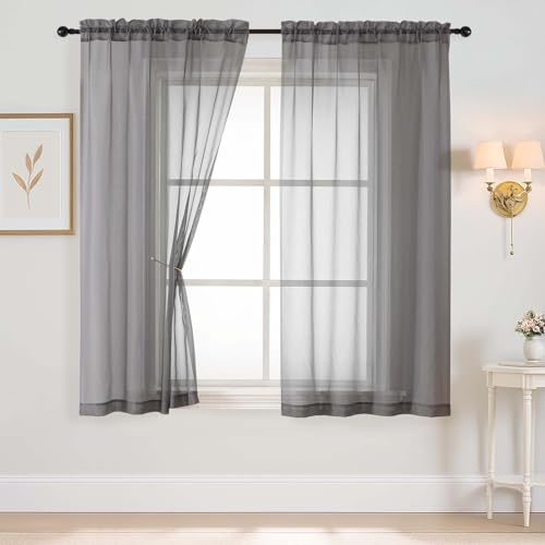 Grey Sheer Curtains 63 Inch Length 2 Panels (42"W x 63"L (Pack of 2) / Charcoal Grey)