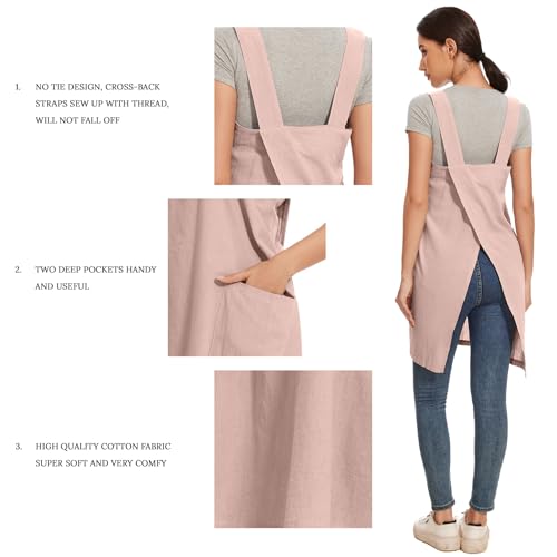Women Cotton Linen Apron with 2 Pockets Kitchen Baking Cooking Chef Cross Back Pinafore Dress for Work Restaurant Gardening (XX-Large / Pink)