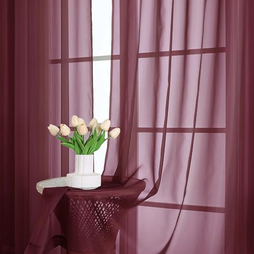Burgundy Sheer Curtains 120 Inches 2 Panels for Living Room 59" Wide (Burgundy Wine / 59"W x 120"L (Pack of 2))