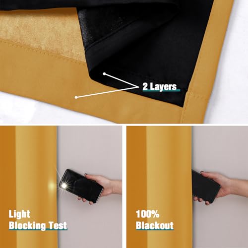100% Blackout Curtains for Bedroom 90 Inches Long 2 Panels Set (52"W x 90"L (Pack of 2) / Mustard Yellow)