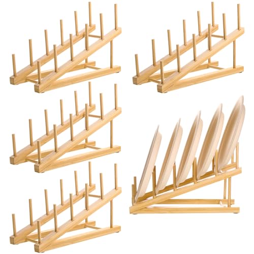 5 Pack Wooden Dish Rack Wooden Plate Stands for Display Multi Tier Plate Holder Cabinet Organizer