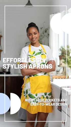 Vintage Floral Apron for Women with Functional Pockets Adjustable Neck Strap for Cooking Baking Mother's Gift (Lemon)