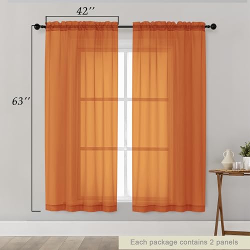 Sheer Orange Curtains for Bedroom Living Room 63 Inch Length 2 Panels (Orange / 42"W x 63"L (Pack of 2))