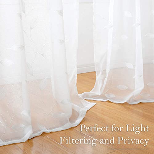 White Sheer Curtains Leaf Embroidered (52"W x 63"L (Pack of 2) / 4-white)