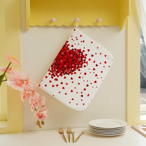 Valentines Day Dish Drying Mat 18 x 24 inch Red Hearts Decorative Drying Mats Microfiber Absorbent Love Heart Dish Washable Draining Mat for Kitchen Counter Decor (18x24 Inch / Red Hearts)