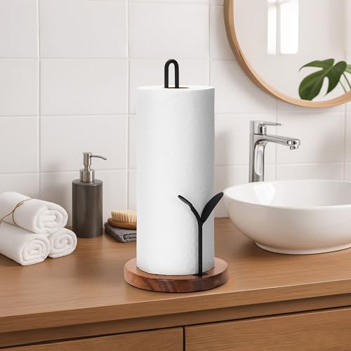 Wood Paper Towel Holder Countertop (Black (Leaf)-round Base)