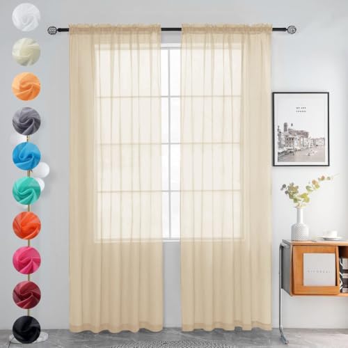 Solid Sheer Rod Pocket Curtain Voile Draperies 2 Panels White Beige Black Grey Coffee 52 Inch Width 96 Inch Long 1 Pair for Kitchen Bedroom Children Living Room Yard (Apricot / 52"W x 96"L (Pack of 2))