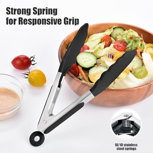 Kitchen Tongs with Silicone Tips for Cooking Serving (Set of 3 (7+9+12in) / Black)