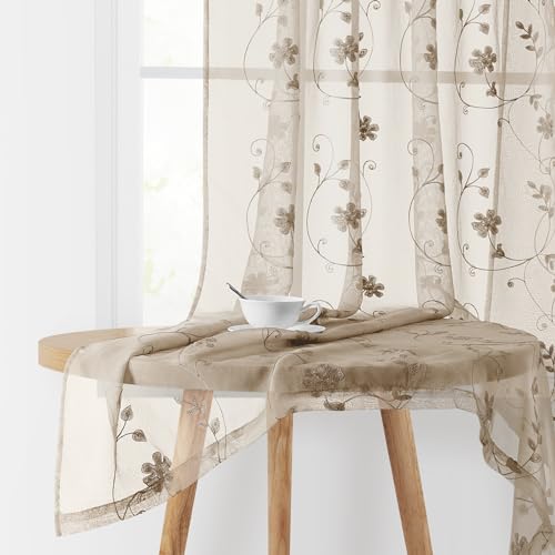 Taupe Sheer Curtains 96 Inches Long 2 Panels Beige Embroidered Floral Pattern Semi Sheer Window Curtains for Bedroom Living Room (52"W x 96"L (Pack of 2) / Taupe/Beige)