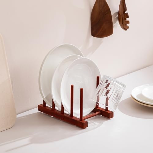 4 Packs Rosewood Wooden Dish Drying Rack Plate Organizer for Cabinet (Rosewood 4 Slots 4pcs)