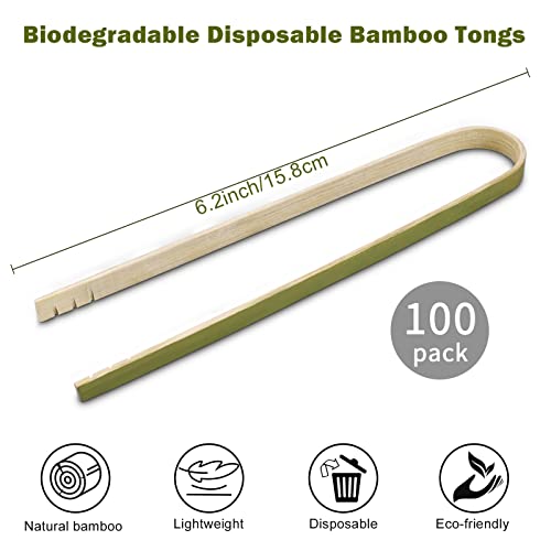 Mini Bamboo Tongs Disposable 100 Pcs 6.2 Inch Long Wooden Tongs (6.2inch)